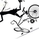 A stylized illustration of a person in a helmet flying over the handlebars of a broken bicycle, mid-fall, with wheels and pedals detached—perfectly capturing the chaos of making your biggest travel mistake on a sloped surface.